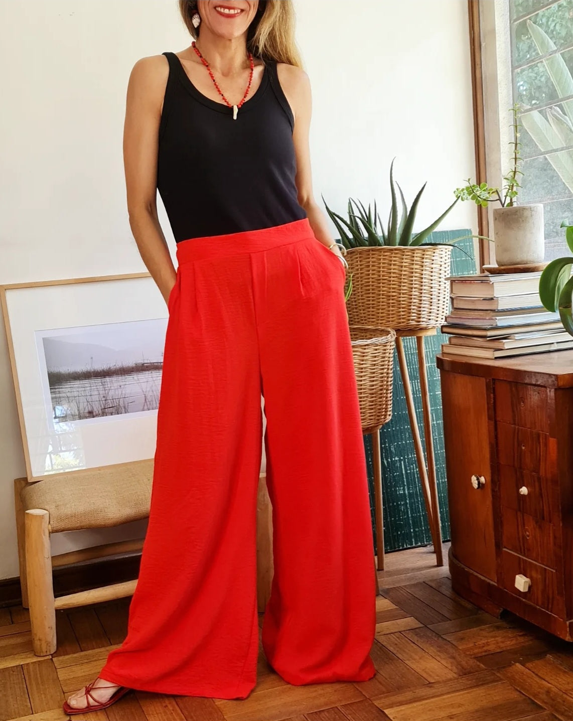 PANTALON CRISTINA ROJO ANARANJADO.