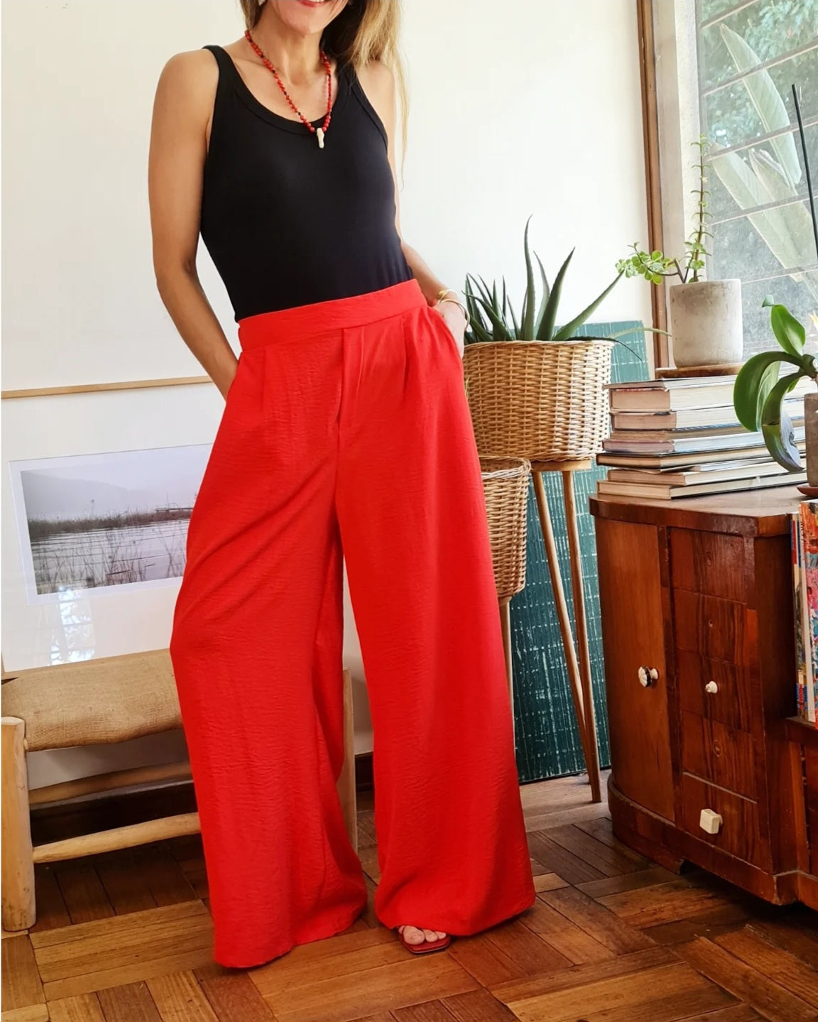 PANTALON CRISTINA ROJO ANARANJADO.